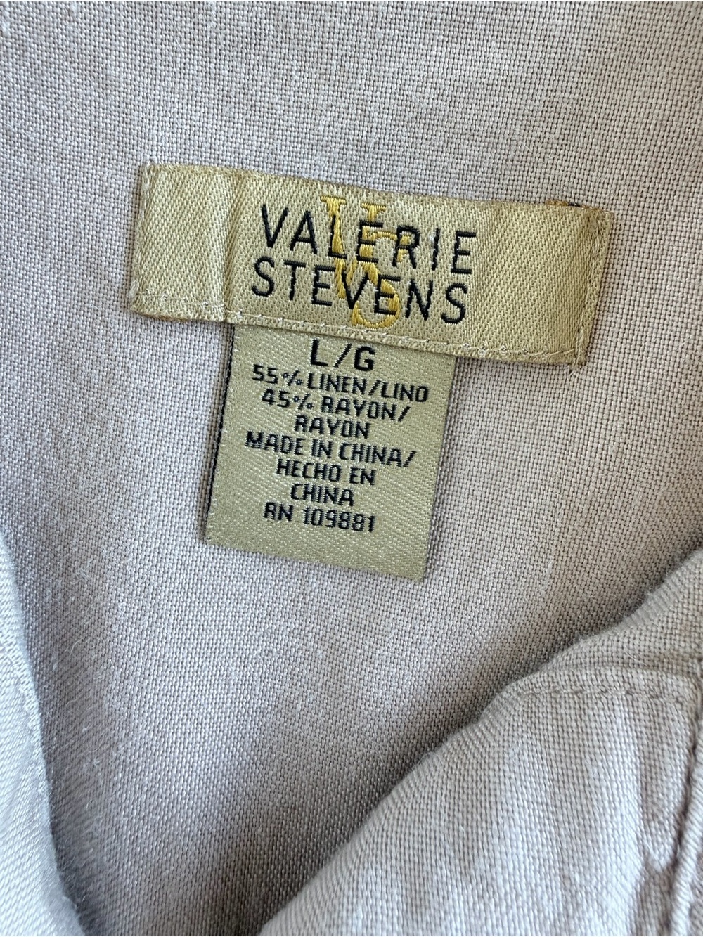 Valerie Stevens Linen Rayon Sleeveless Button Front Blouse Taupe Brass L - Picture 3 of 9